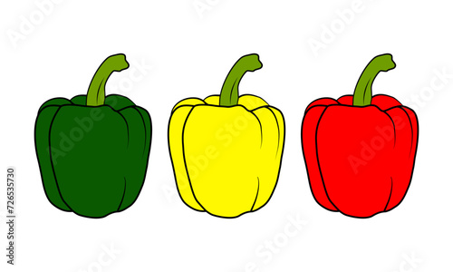 Set of three peppers. Green  yellow and red pepper. Fresh vegetables icon. Set of Colored yellow and red Sweet Bulgarian Bell Peppers  Paprika. Vector illustration EPS 10.