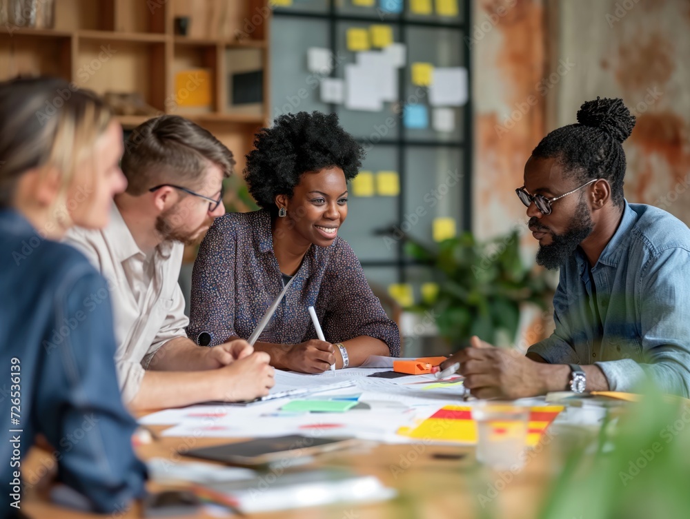 A diverse team collaborating on a project in a hybrid office environment