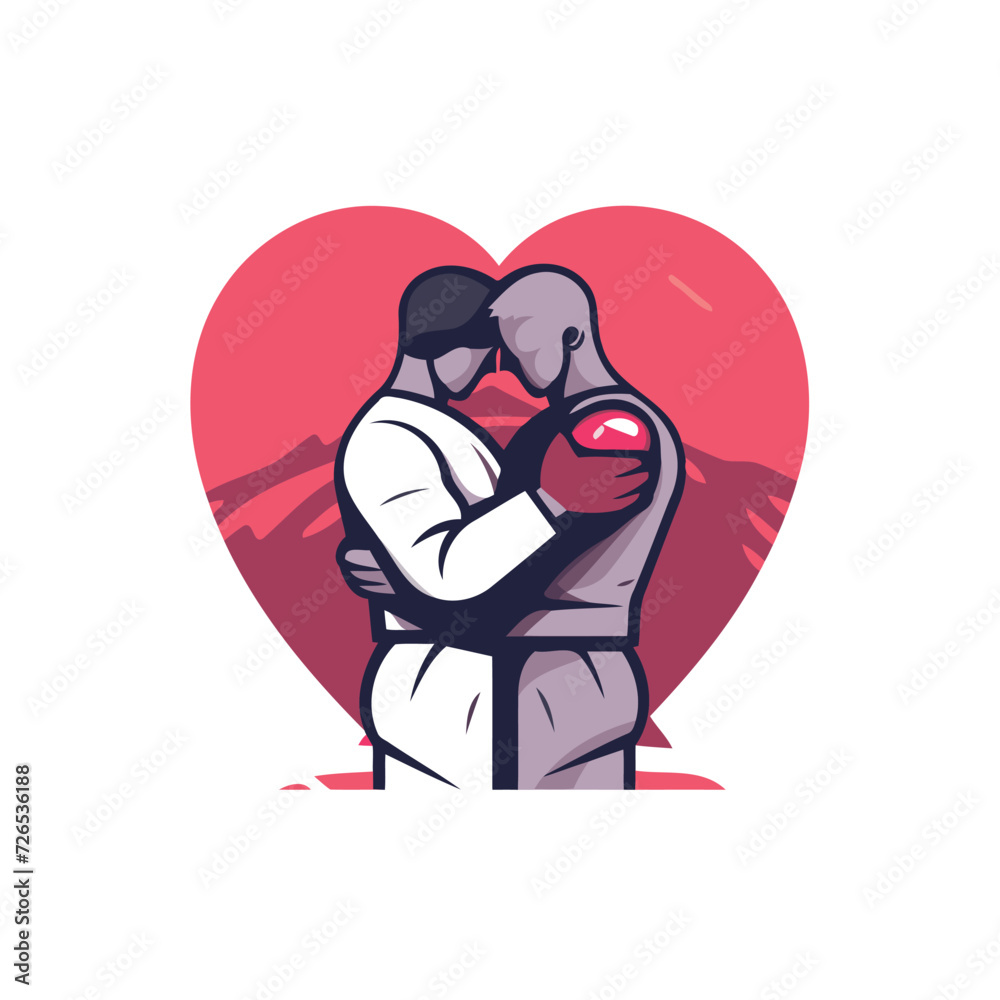 Vector illustration of a male boxer fighting with a big red heart on white background.