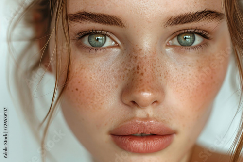 Close-up: Woman's face radiates natural beauty, healthy, clean skin. Flawless complexion adorned with minimal, natural makeup accentuates innate beauty. photo