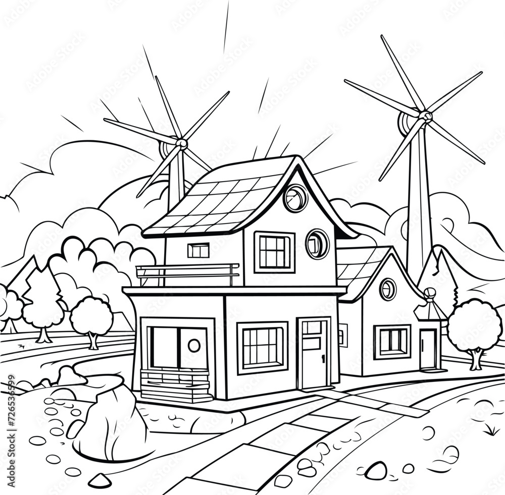 House with wind turbines. Black and white vector illustration for coloring book.