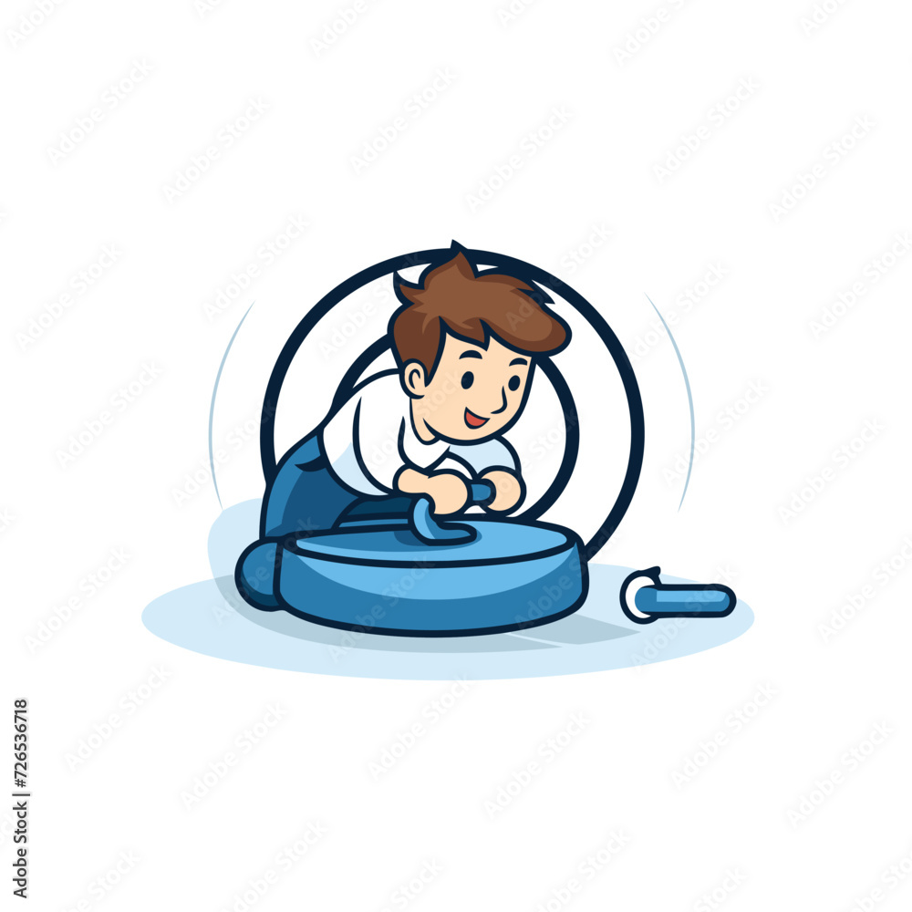 Illustration of a boy playing on a robotic vacuum cleaner. Vector illustration.