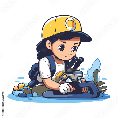 Illustration of a Little Boy Wearing a Safety Helmet and Working on a Microscope