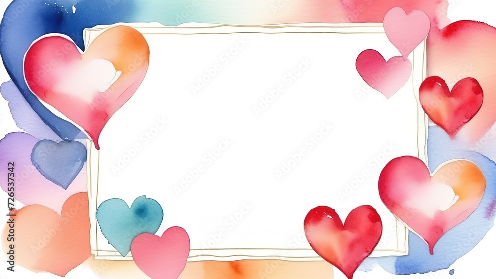 Multicolored watercolor hearts frame valentines day greeting card template background blue red pink