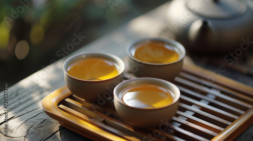 Close-up of a tea ceremony, with selective focus and no people. Every detail of this tranquil scene is meticulously captured, portraying the essence of a serene and artful tea ritual photo