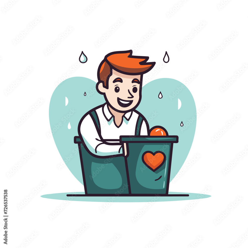 Man sitting in trash can and holding red heart. Vector illustration.