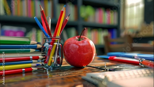 Back to school stationery and apple. 4k video animation photo