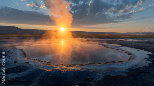 An untouched geyser, with a desolate landscape as the background, during the stillness of the midnight sun