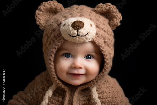 A smiley baby wearing bear hat