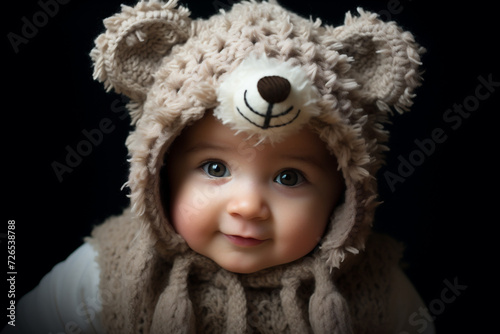 A baby wearing warm teddy bear hat
