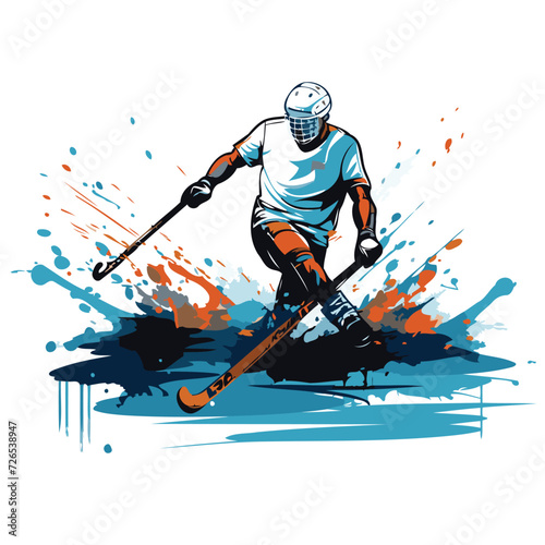 Hockey player with a stick and puck. Abstract vector illustration.