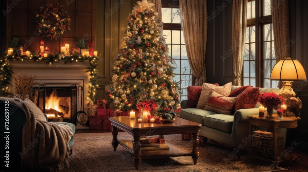 Stylish cozy home interior decorated for Christmas. Neural network AI generated art