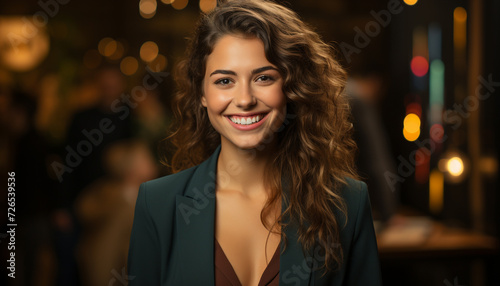 A beautiful woman, confident and elegant, smiling at the camera generated by AI
