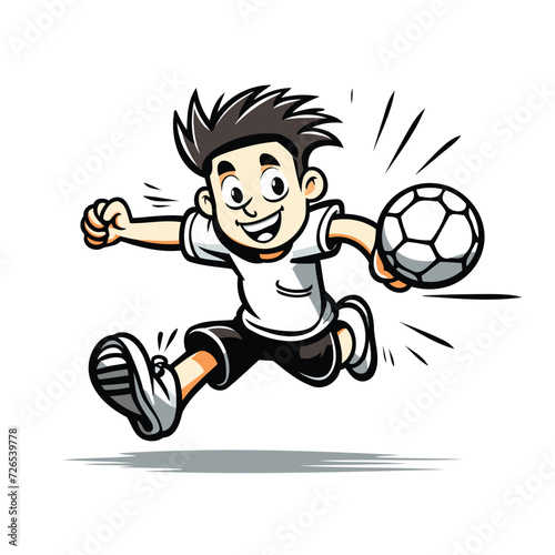 Cartoon soccer player running with ball isolated on white background. Vector illustration.
