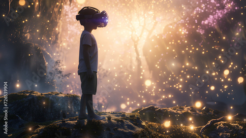 Boy in a virtual reality helmet embarks on a magical journey. Transported to fantastical realms, his wide-eyed exploration unfolds in a digital wonderland, where imagination knows no bounds