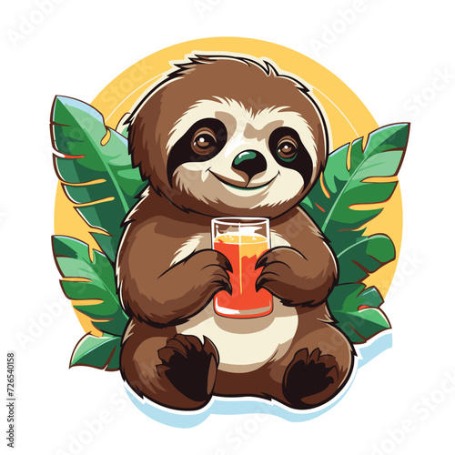 Cute sloth with a glass of juice. Vector illustration.