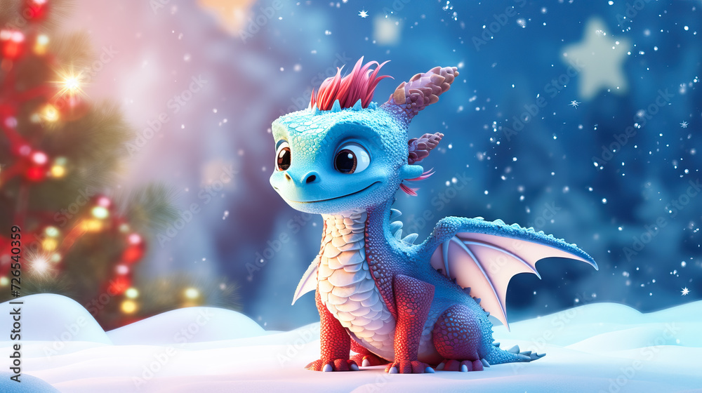 Banner with small cute dragon with bokeh winter snow background. Chinese New Year decoration close up of dancing dragon on festive background Banner with small cute dragon with bokeh winter snow background. Chinese New Year decoration close up of dancing dragon on festive background