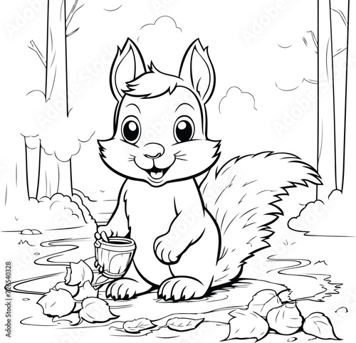 Black and White Cartoon Illustration of Cute Squirrel Animal Character for Coloring Book