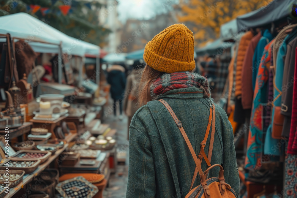 Obraz premium Person Exploring a Flea Market on a Chilly Day