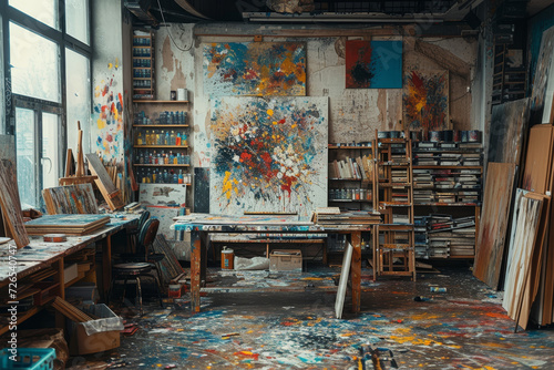 Vibrant Abstract Art in a Splattered Paint Studio 