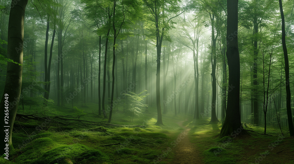 A serene and mystical sunny forest covered in fresh morning mist, with vibrant shades of green