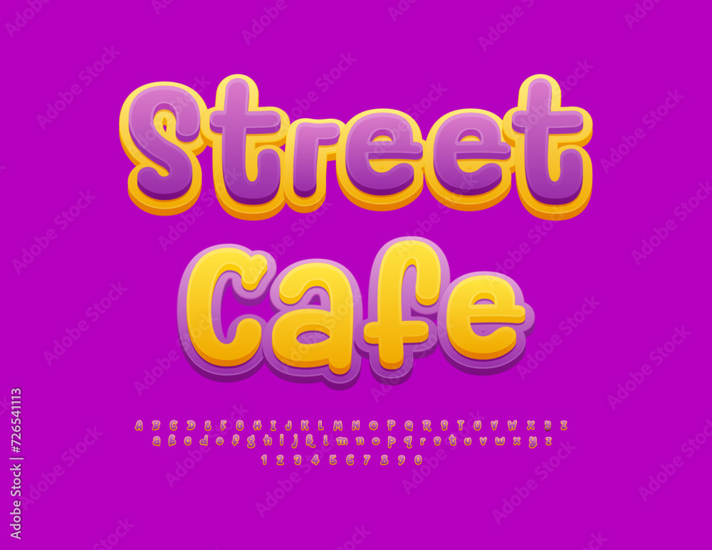 Vector advertising banner Street Cafe. Funny bright Font. Trendy artistic Alphabet Letters and Numbers set.