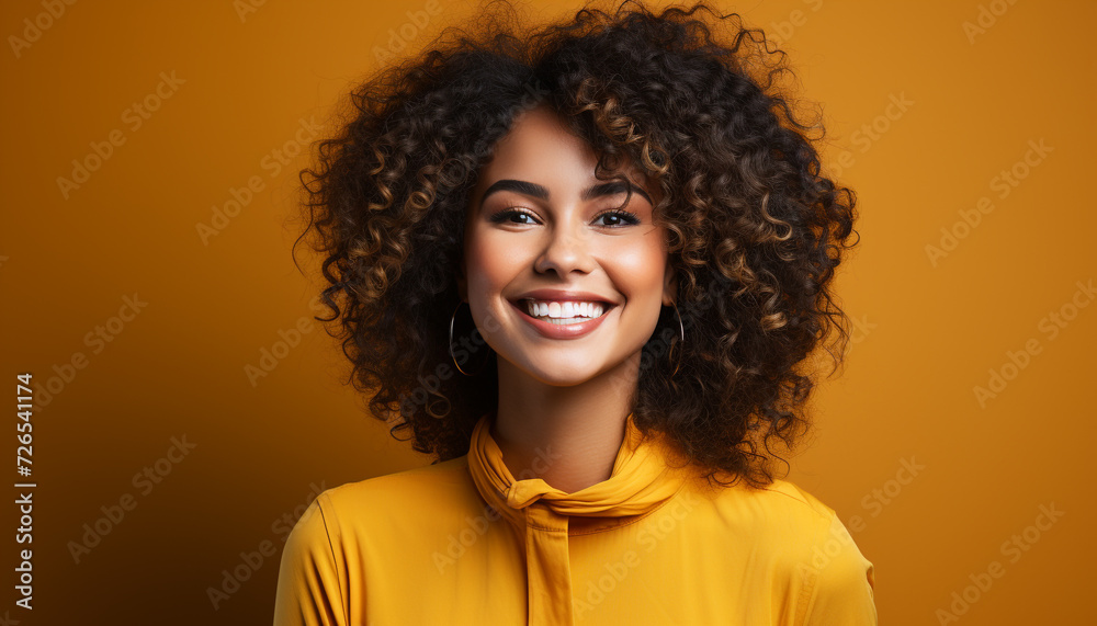 A beautiful young woman with curly hair smiling confidently generated by AI A beautiful young woman with curly hair smiling confidently generated by AI