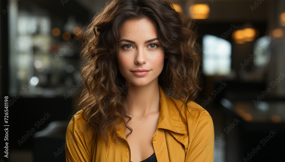 Beautiful young woman with brown curly hair, looking at camera generated by AI Beautiful young woman with brown curly hair, looking at camera generated by AI