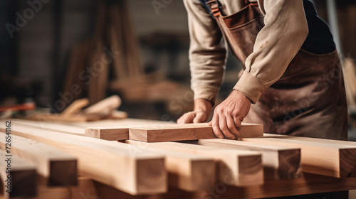 A carpenter is seen working on wooden boards and floors, using tools like saws, in a construction setting