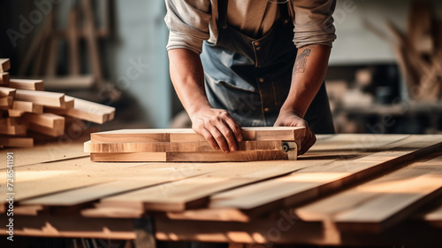 A carpenter is seen working on wooden boards and floors, using tools like saws, in a construction setting