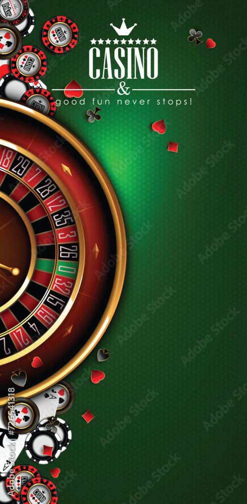 Casino advertising with roulette and elements of casino games on a green background. 3D vector. High detailed realistic illustration. Casino advertising with roulette and elements of casino games on a green background. 3D vector. High detailed realistic illustration.