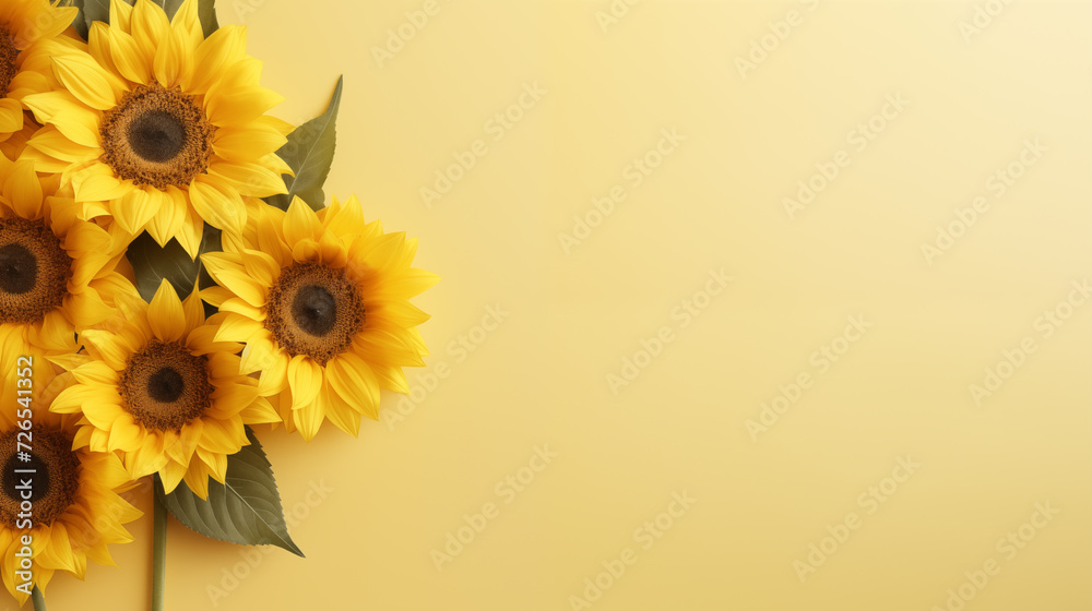 Sunflowers on yellow background with copy space. Top View, Space for Text