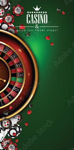 Casino advertising with roulette and elements of casino games on a green background.  3D vector. High detailed realistic illustration.