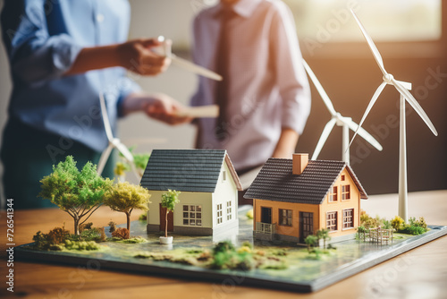 Wind turbine powers homes in scenic countryside,Close-up of teacher, student ,house model with solar system and wind turbine during a school lesson photo