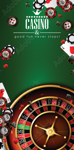 Casino advertising with roulette and elements of casino games on a green background.  3D vector. High detailed realistic illustration.