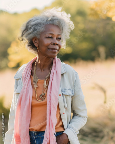 A beautiful middle aged woman walking in a fairy nature landscape