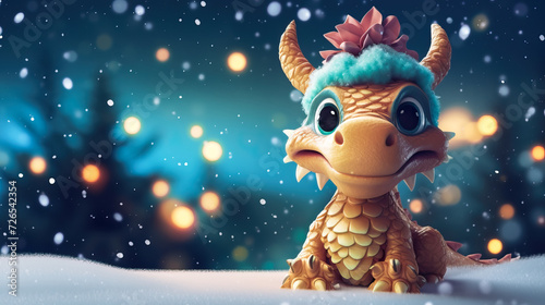 Banner with small cute dragon with bokeh winter snow background. Chinese New Year decoration close up of dancing dragon on festive background © Galina_R