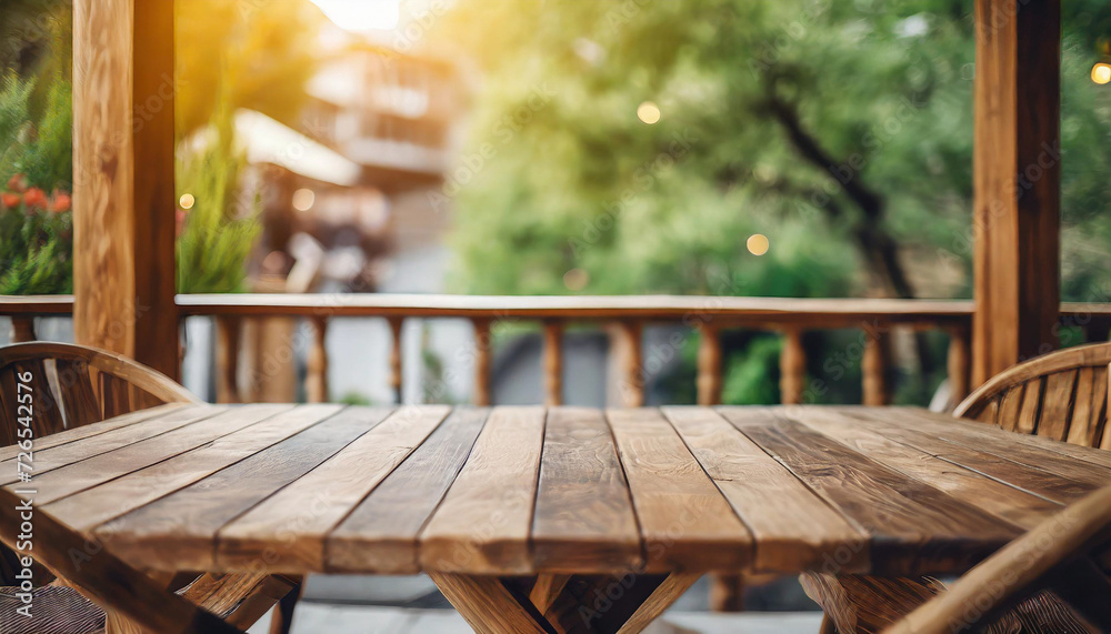 wooden table on a sunlit cafe terrace, inviting ambiance with space for product advertising