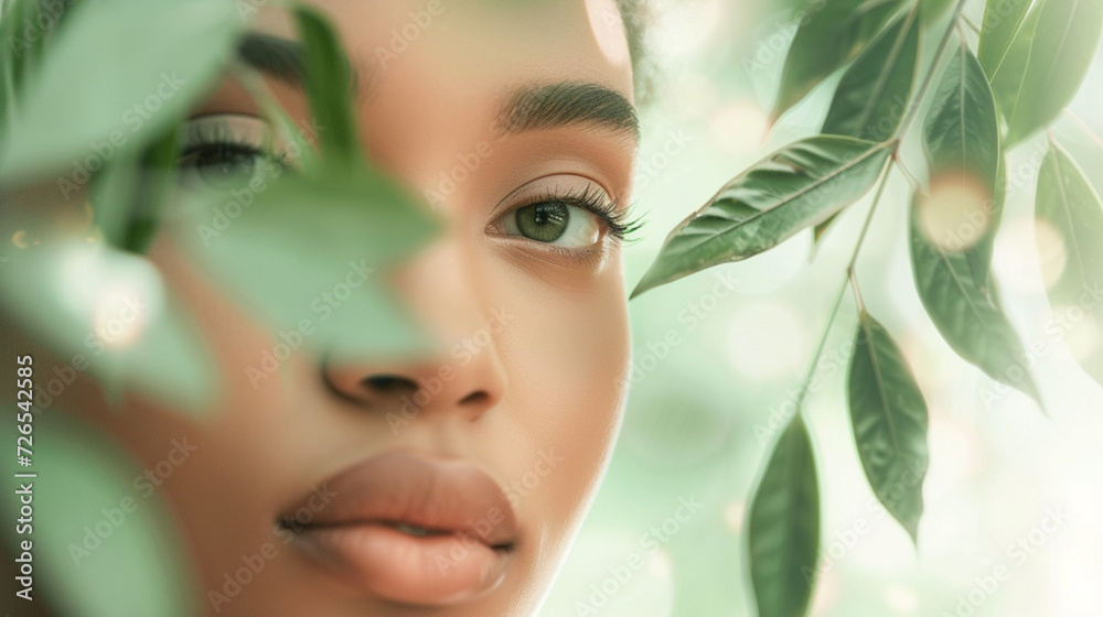 A beautiful close-up portrait of a woman face and sweet green nature leaves A beautiful close-up portrait of a woman face and sweet green nature leaves