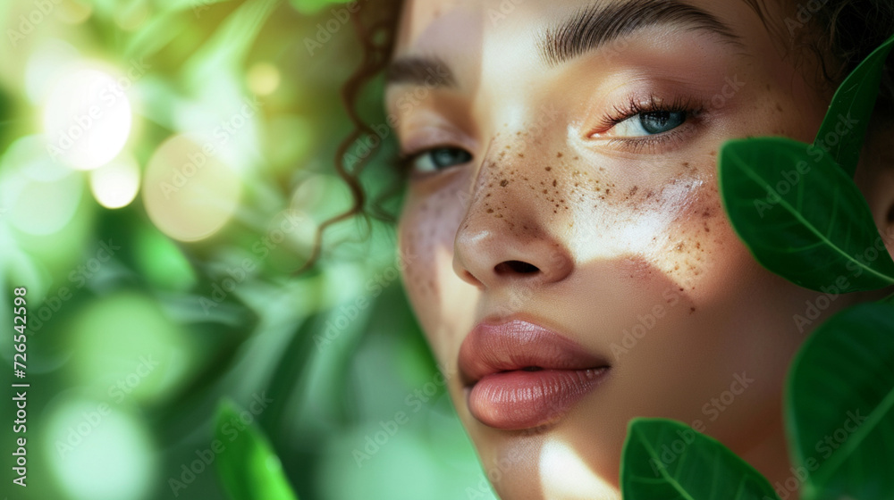 A beautiful close-up portrait of a woman face and sweet green nature leaves A beautiful close-up portrait of a woman face and sweet green nature leaves