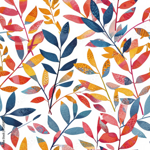 Seamless watercolor leaf pattern in autumnal hues. Botanical concept for textile print, fall season decor, wallpaper, and wrapping paper. Foliage background with a variety of colorful leaves.