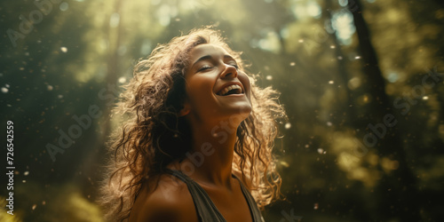 Female expressing joy in the middle of the forest. 