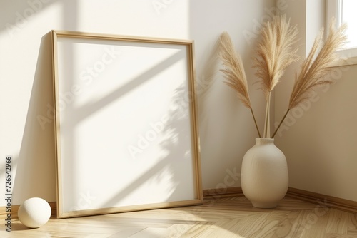 Fototapeta Naklejka Na Ścianę i Meble -  Frame mockup interior in beige colors with side view and glas
