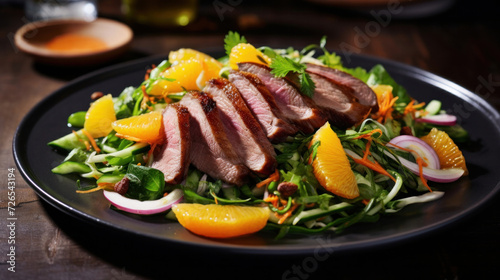 Appetizing duck salad with herbs and oranges on a dark background