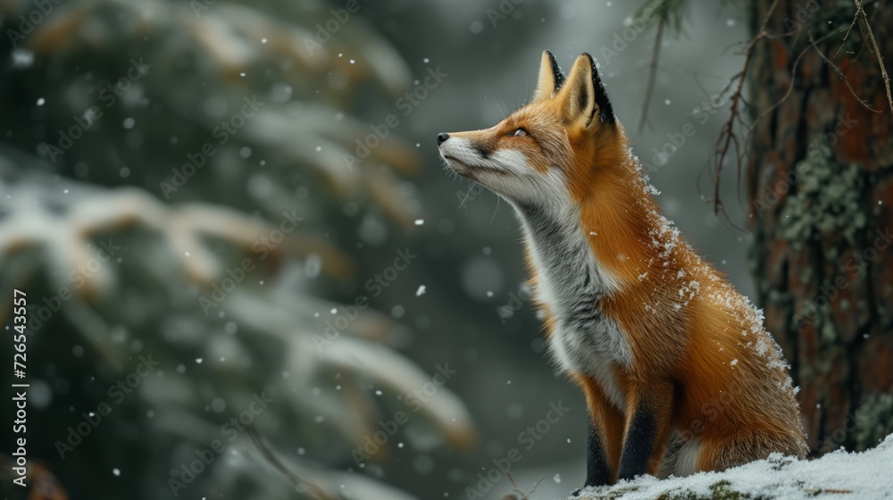 A photo of a small fox looking up at a giant, snow-covered pine tree in a winter forest. reddish-brown fox. low angle. winter wildlife photography style