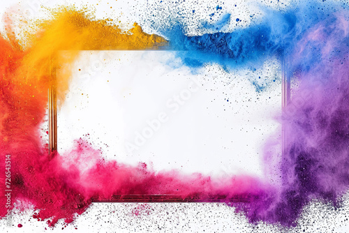 Frame border with copy space of colorful rainbow holi paint color powder explosion isolated white background photo
