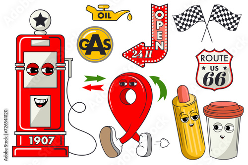 vintage car stickers for gas station, cartoon character of stickers of gas station, groovy character fast food and red marker, travel