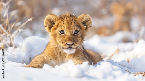 A lion cub in snow landscape, cute and adorable