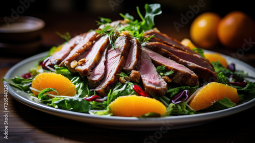 Appetizing duck salad with herbs and oranges on a dark background