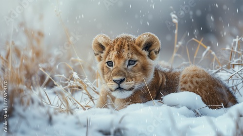 A lion cub in snow landscape, cute and adorable